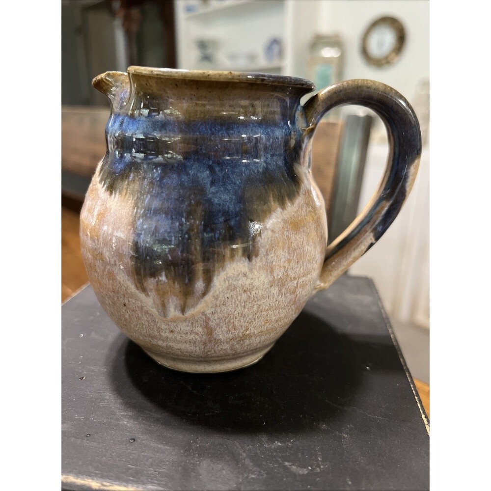 Hand Thrown Studio Pottery Artist Signed Pitcher Blue w/ Earth Tones 4 1/2" H